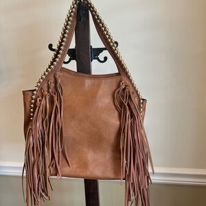 Big Buddha tan fringe shoulder bag